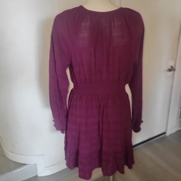 Idyllwind Womens Smock Long‎ Sleeve Mini Dress Burgundy Lace Up Tassels Boho M - Picture 6 of 8